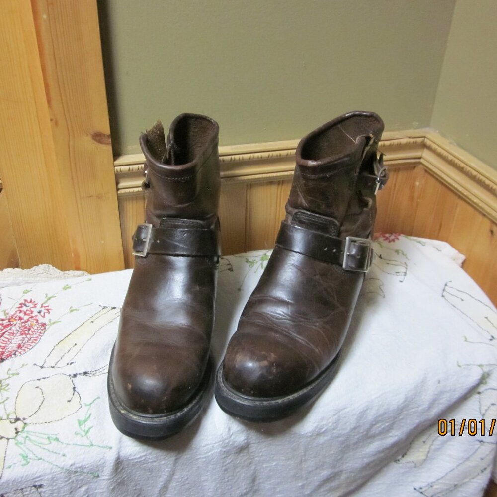 Ladies Vtg Georgia Leather engineer biker boots brown buckle side vibram sole 11